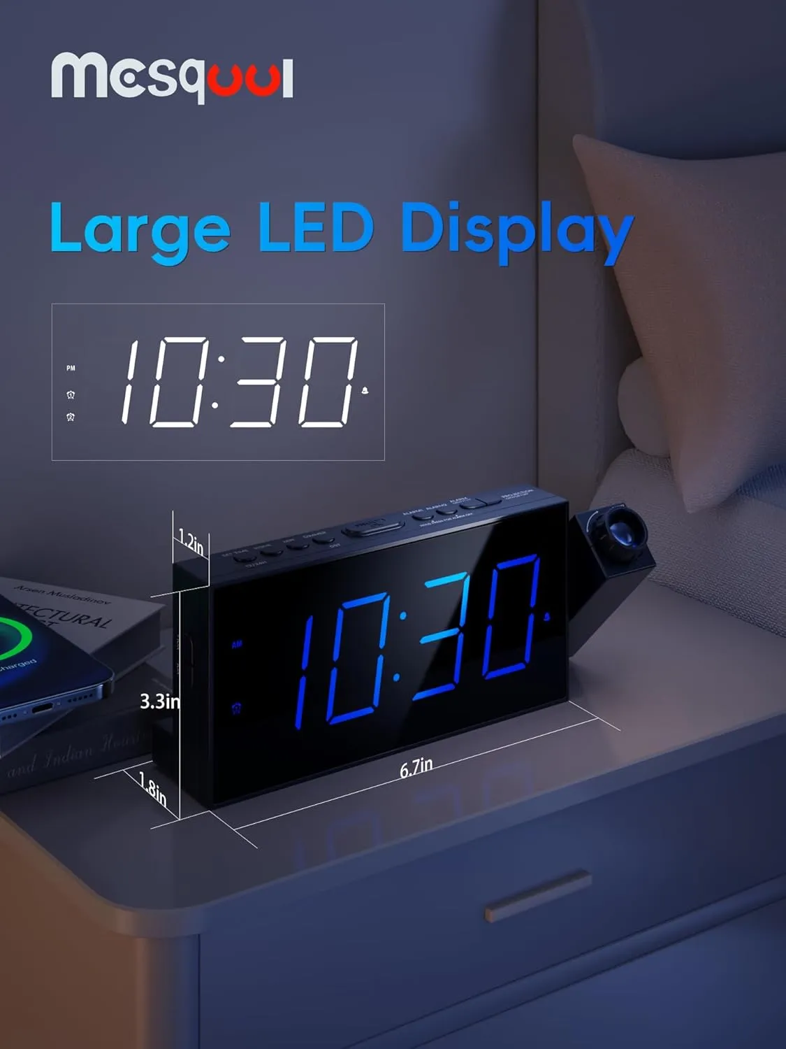 Digital Projection Alarm Clocks for Bedrooms - Large LED Display, 180 Rotatable Projector, 5-Level Dimmer,USB Charger,Battery Backup,Loud Dual Alarms for Kids Elderly,Heavy Sleepers,Snooze,12/24H,DST