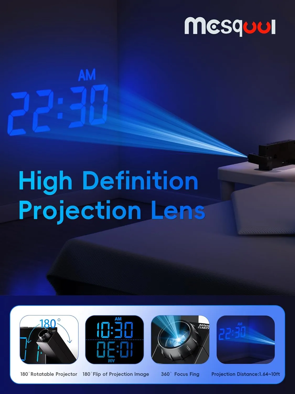 Digital Projection Alarm Clocks for Bedrooms - Large LED Display, 180 Rotatable Projector, 5-Level Dimmer,USB Charger,Battery Backup,Loud Dual Alarms for Kids Elderly,Heavy Sleepers,Snooze,12/24H,DST