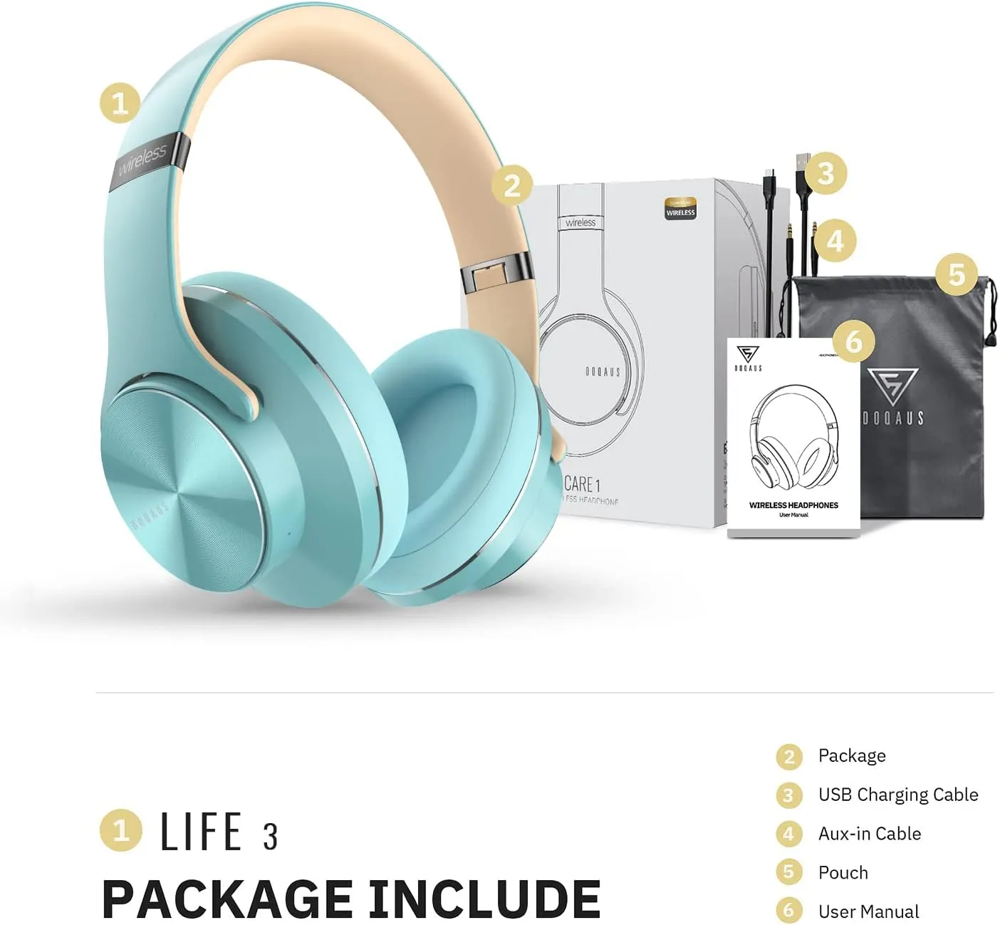DOQAUS Bluetooth Headphones Over Ear, 90 Hours Playtime Wireless Headphone with 3 EQ Modes, Noise Isolating HiFi Stereo with Deep Bass, Microphone, Soft Earpads for Cellphone/PC