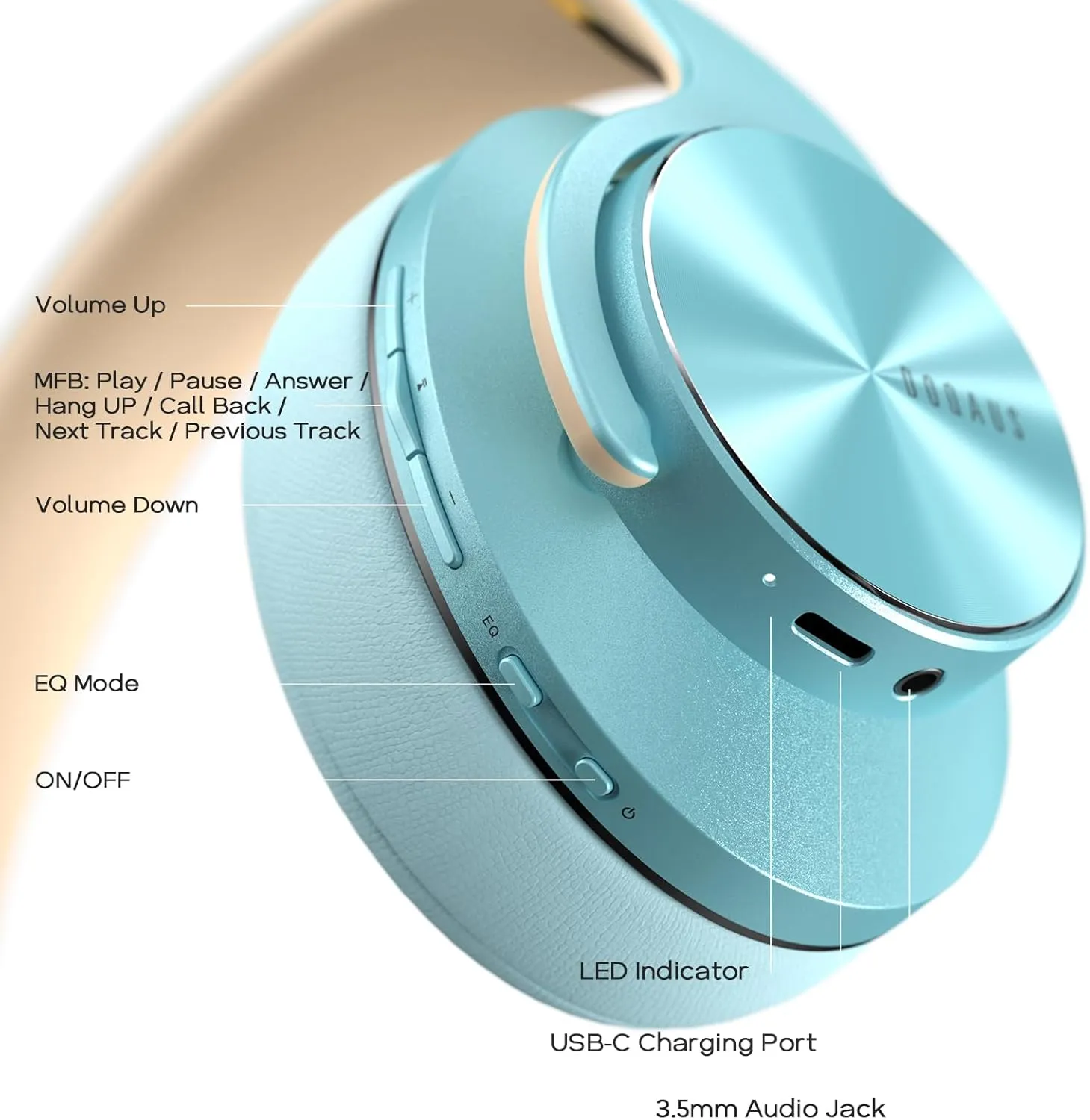 DOQAUS Bluetooth Headphones Over Ear, 90 Hours Playtime Wireless Headphone with 3 EQ Modes, Noise Isolating HiFi Stereo with Deep Bass, Microphone, Soft Earpads for Cellphone/PC