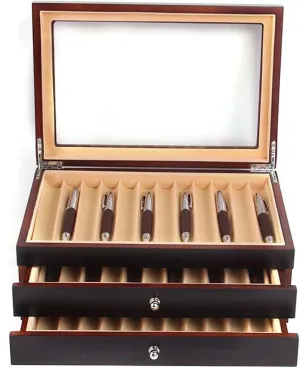 Eapmic 3 Layer Wood Pen Organizer - 34 Pen Storage Box With Top Glass Window, Fountain Collection Display Case (Black)