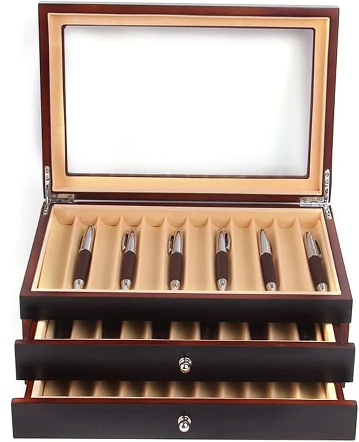 Eapmic 3 Layer Wood Pen Organizer - 34 Pen Storage Box With Top Glass Window, Fountain Collection Display Case (Black)