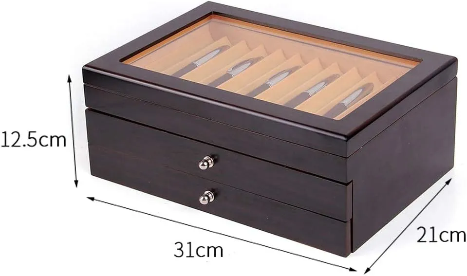 Eapmic 3 Layer Wood Pen Organizer - 34 Pen Storage Box With Top Glass Window, Fountain Collection Display Case (Black)