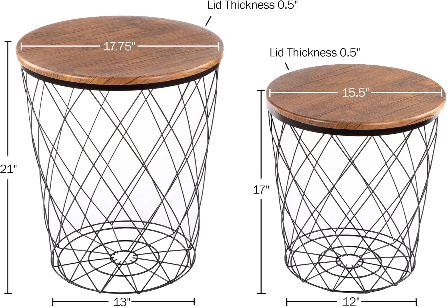 End Tables Set of 2 - Nesting Tables with Removable Wood Tops and Metal Basket Bases for Blanket Storage - Round Side Furniture for Living Room, Bedroom, or Home Office by Lavish Home (Brown)