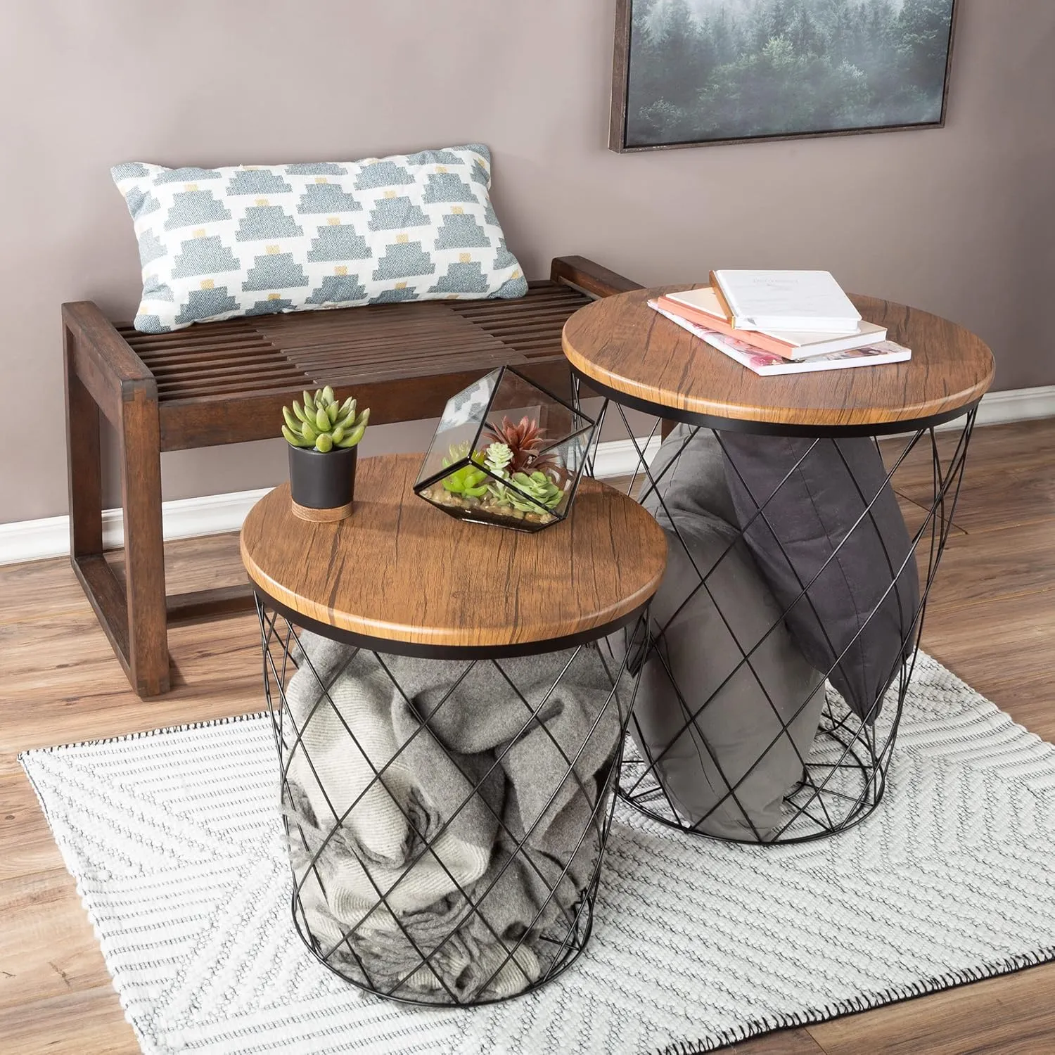 End Tables Set of 2 - Nesting Tables with Removable Wood Tops and Metal Basket Bases for Blanket Storage - Round Side Furniture for Living Room, Bedroom, or Home Office by Lavish Home (Brown)