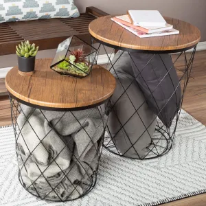 End Tables Set of 2 - Nesting Tables with Removable Wood Tops and Metal Basket Bases for Blanket Storage - Round Side Furniture for Living Room, Bedroom, or Home Office by Lavish Home (Brown)
