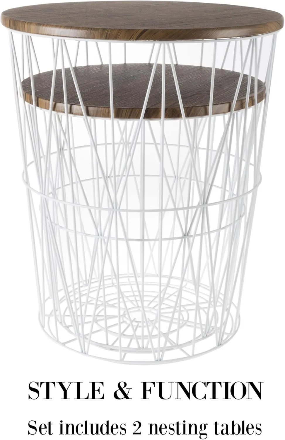 End Tables Set of 2 - Nesting Tables with Removable Wood Tops and Metal Basket Bases for Blanket Storage - Round Side Furniture for Living Room, Bedroom, or Home Office by Lavish Home (Brown/White)