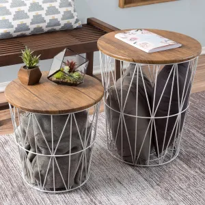 End Tables Set of 2 - Nesting Tables with Removable Wood Tops and Metal Basket Bases for Blanket Storage - Round Side Furniture for Living Room, Bedroom, or Home Office by Lavish Home (Brown/White)