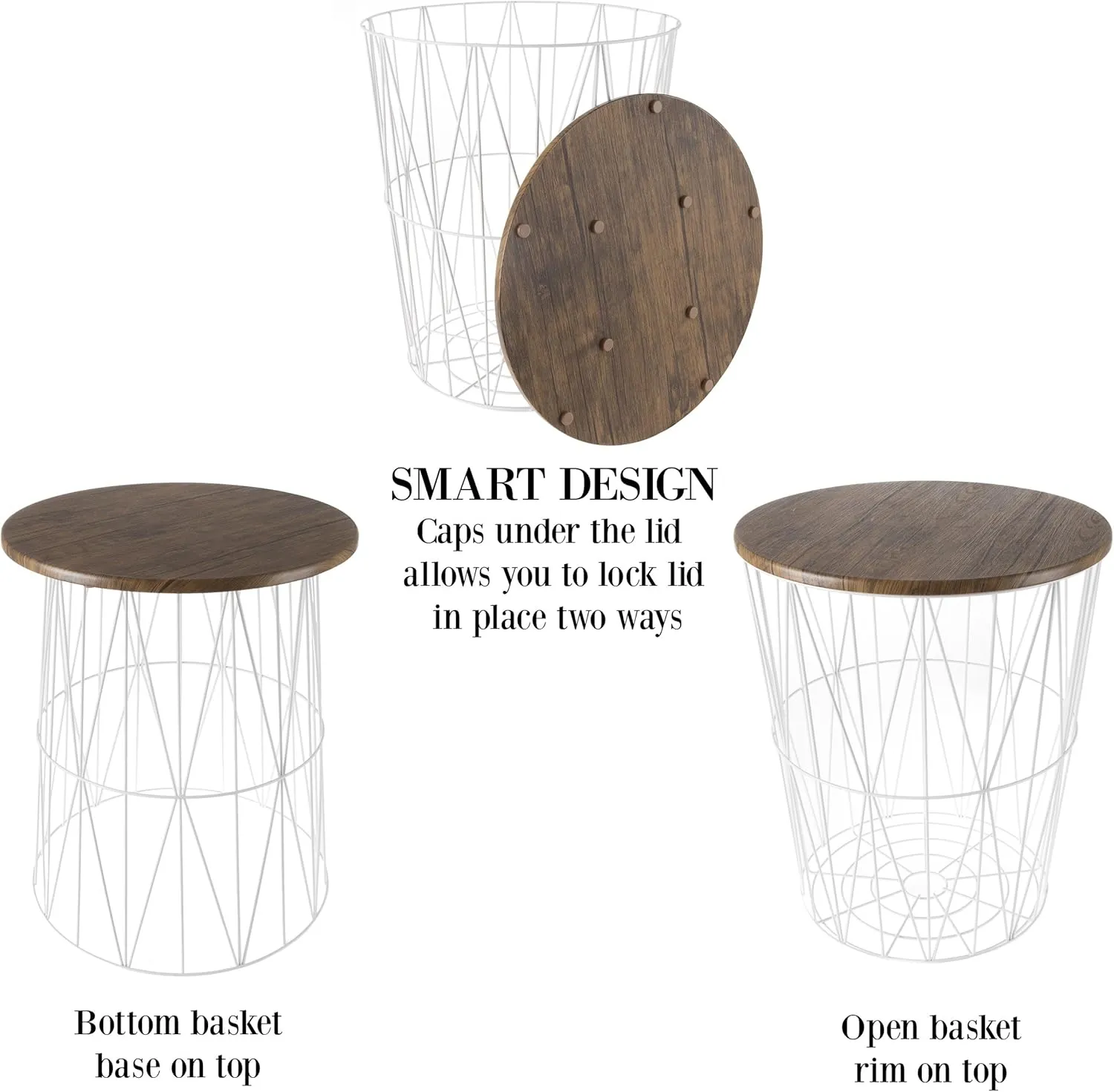 End Tables Set of 2 - Nesting Tables with Removable Wood Tops and Metal Basket Bases for Blanket Storage - Round Side Furniture for Living Room, Bedroom, or Home Office by Lavish Home (Brown/White)