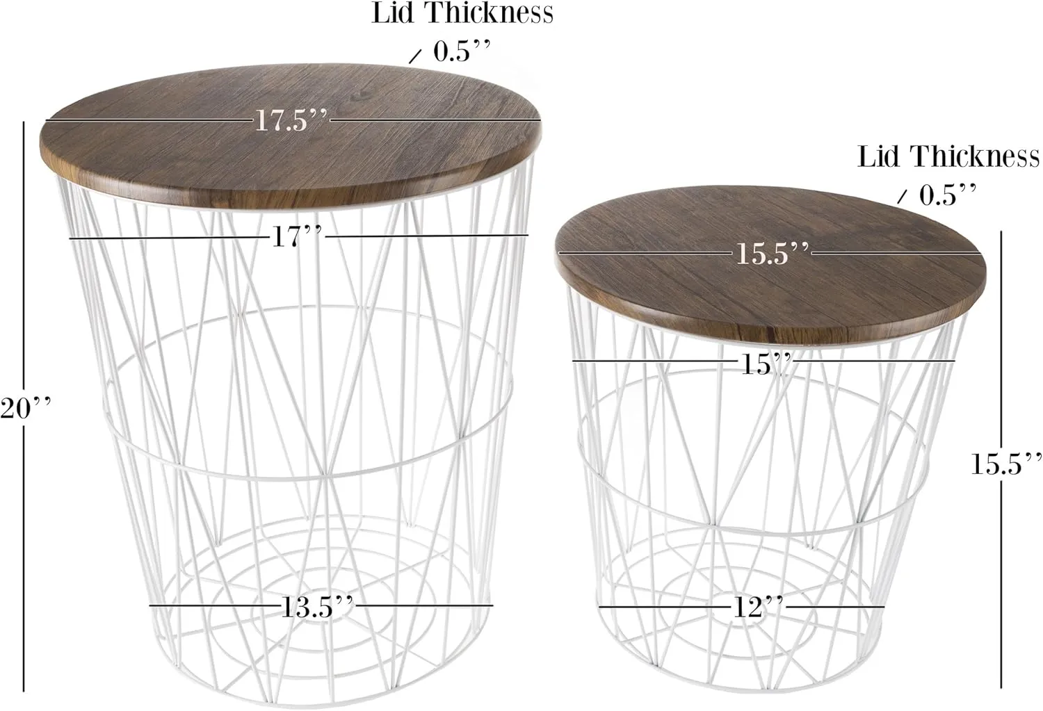 End Tables Set of 2 - Nesting Tables with Removable Wood Tops and Metal Basket Bases for Blanket Storage - Round Side Furniture for Living Room, Bedroom, or Home Office by Lavish Home (Brown/White)