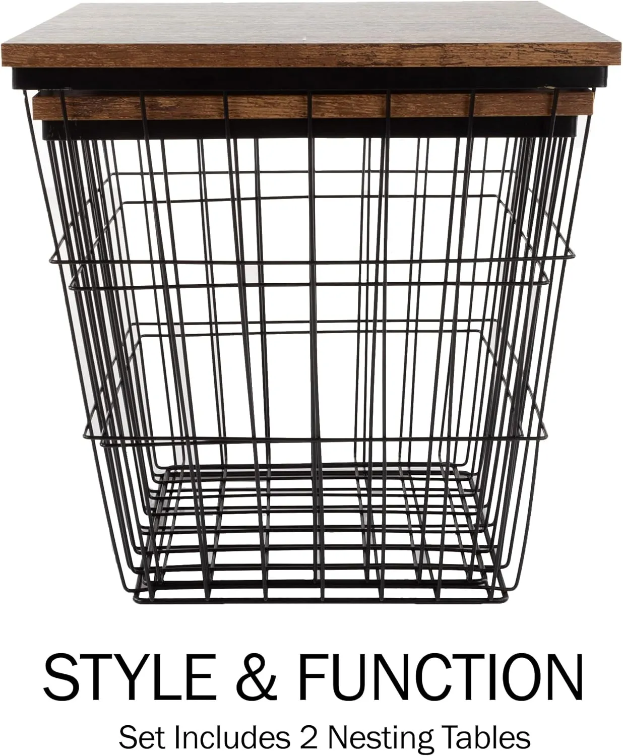 End Tables Set of 2 - Nesting Tables with Removable Wood Tops and Metal Basket Bases for Blanket Storage - Square Side Furniture for Living Room, Bedroom, or Home Office by Lavish Home (Brown)