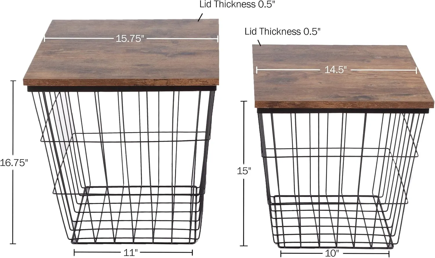 End Tables Set of 2 - Nesting Tables with Removable Wood Tops and Metal Basket Bases for Blanket Storage - Square Side Furniture for Living Room, Bedroom, or Home Office by Lavish Home (Brown)