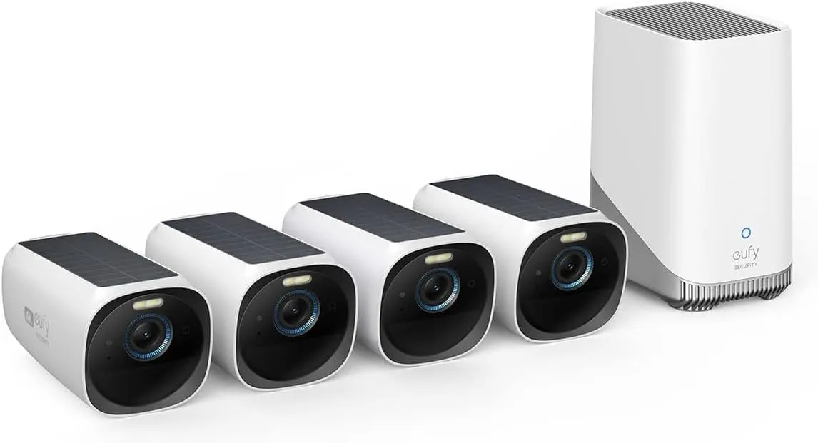 eufy Security eufyCam 3 4-Cam Kit,Security Camera Outdoor Wireless,4K Camera with Integrated Solar Panel, Forever Power,Face Recognition AI,Expandable Local Storage,Spotlight, 2.4 GHz Wi-Fi(Renewed)