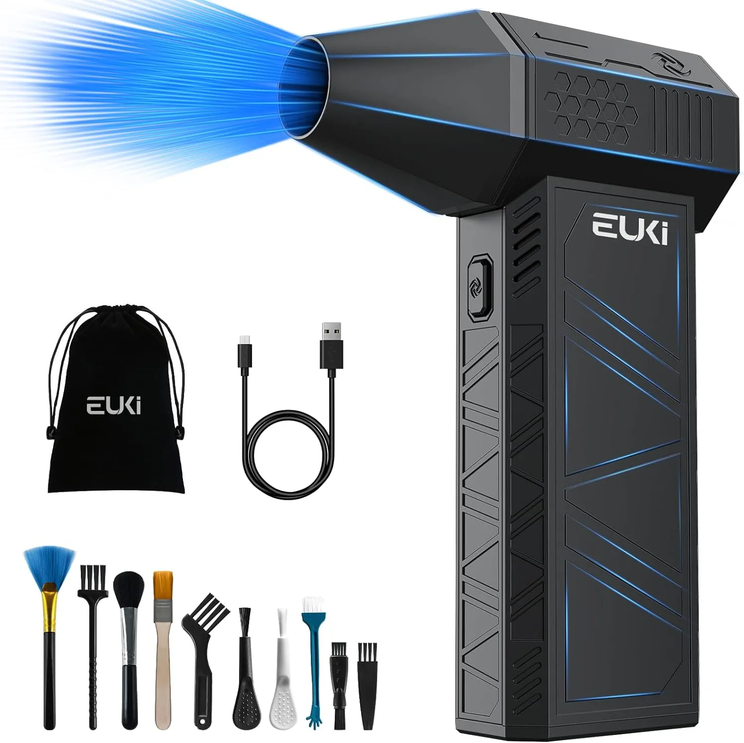 EUKI Compressed Air Duster-150000RPM Electric Air Duster, Cordless Rechargeable High-Speed Air Blower, 3-Gear Adjustable Jet Dry Blower for Keyboard, PC, Car, Air Bed and Home Cleaning, Black