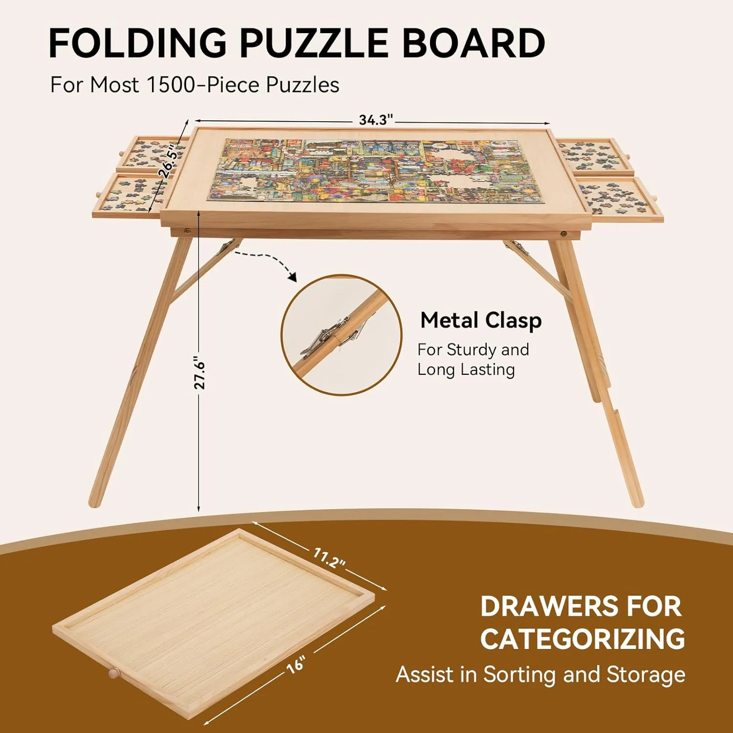 Foldable Puzzle Table with Drawers & Cover, Fits 1500-Piece Puzzles