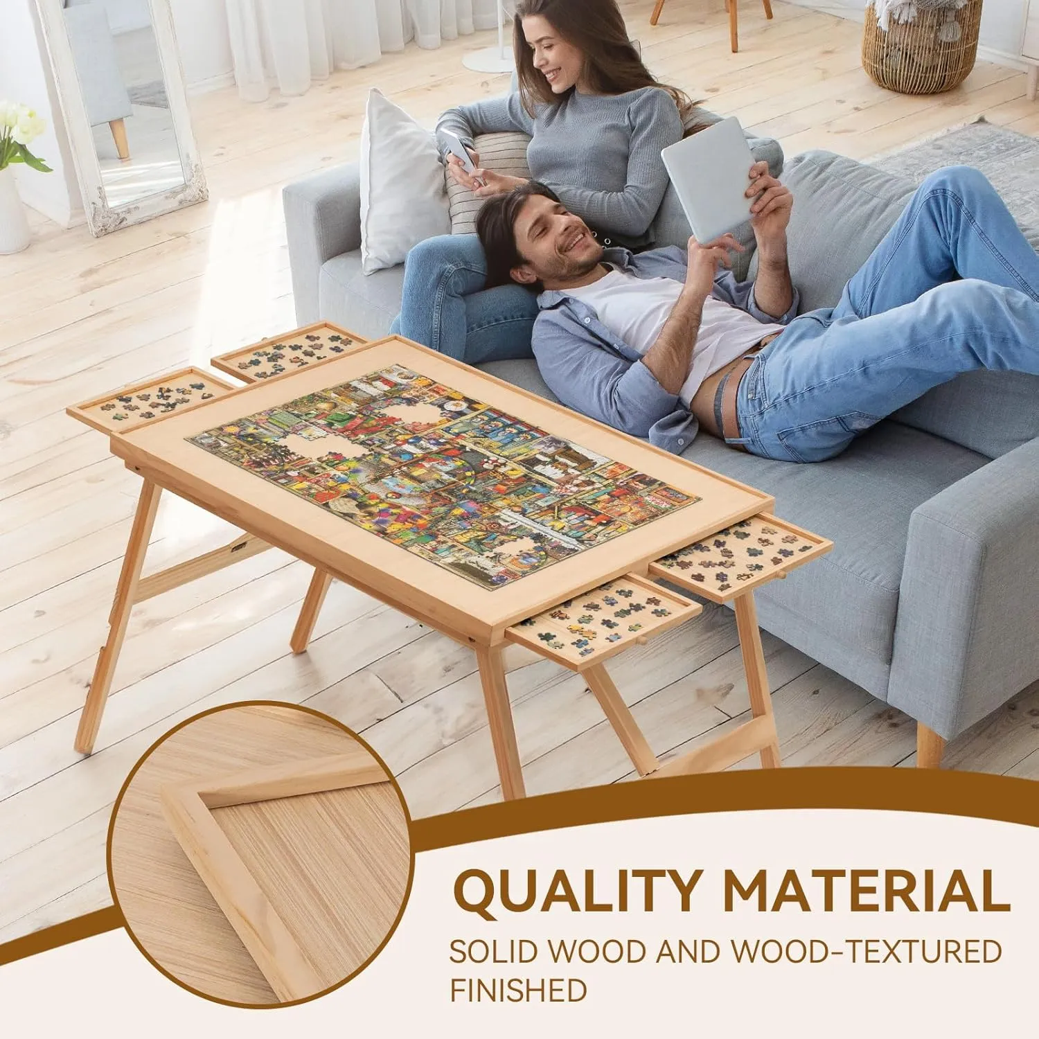 Foldable Puzzle Table with Drawers & Cover, Fits 1500-Piece Puzzles