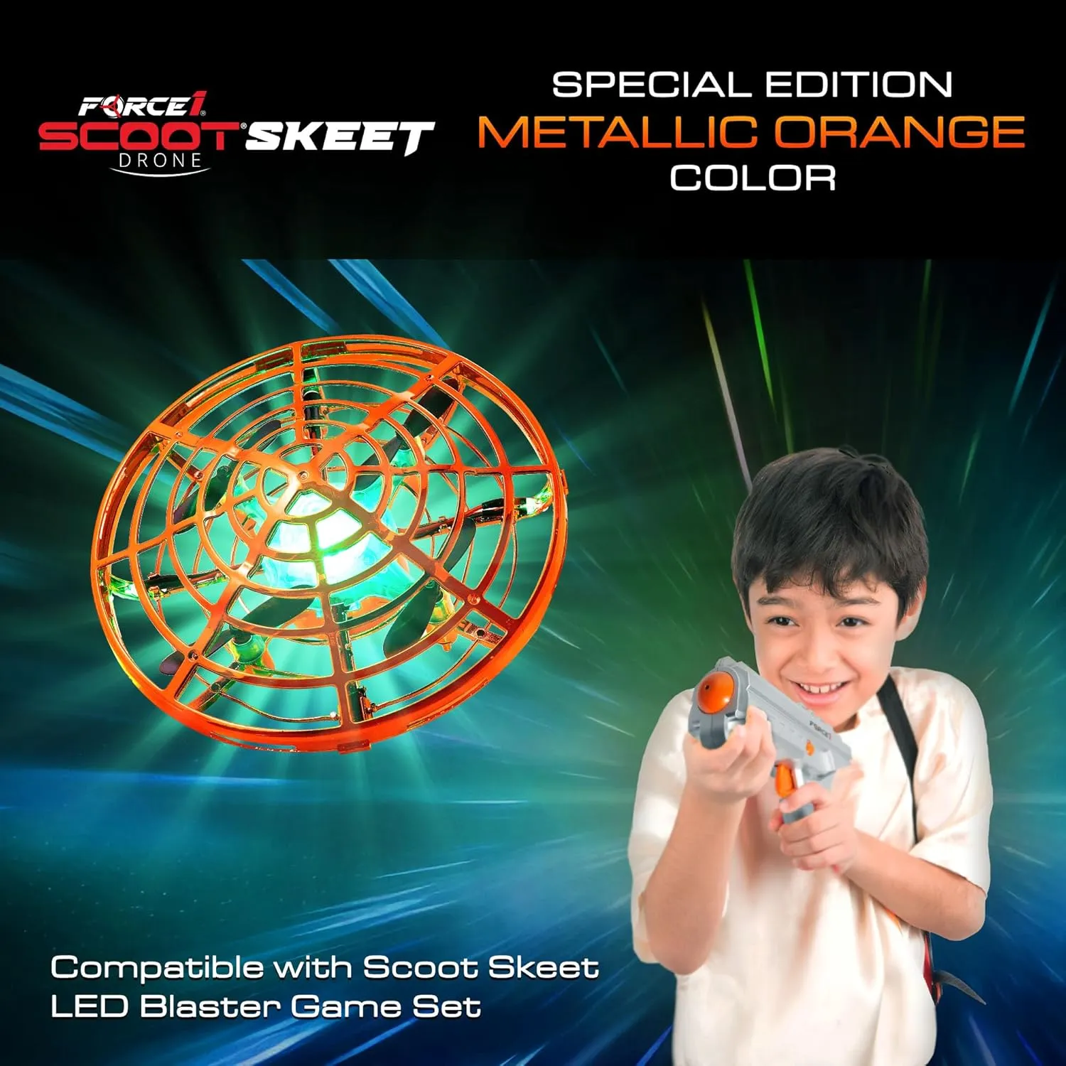 Force1 Scoot Skeet Mini Drone Electronic Shooting Game for Kids (Drone Only)- Hand Drones for Kids Compatible with Scoot Skeet LED Blaster, Electronic Target Game Indoor Flying Ball Drone Toy (Orange)