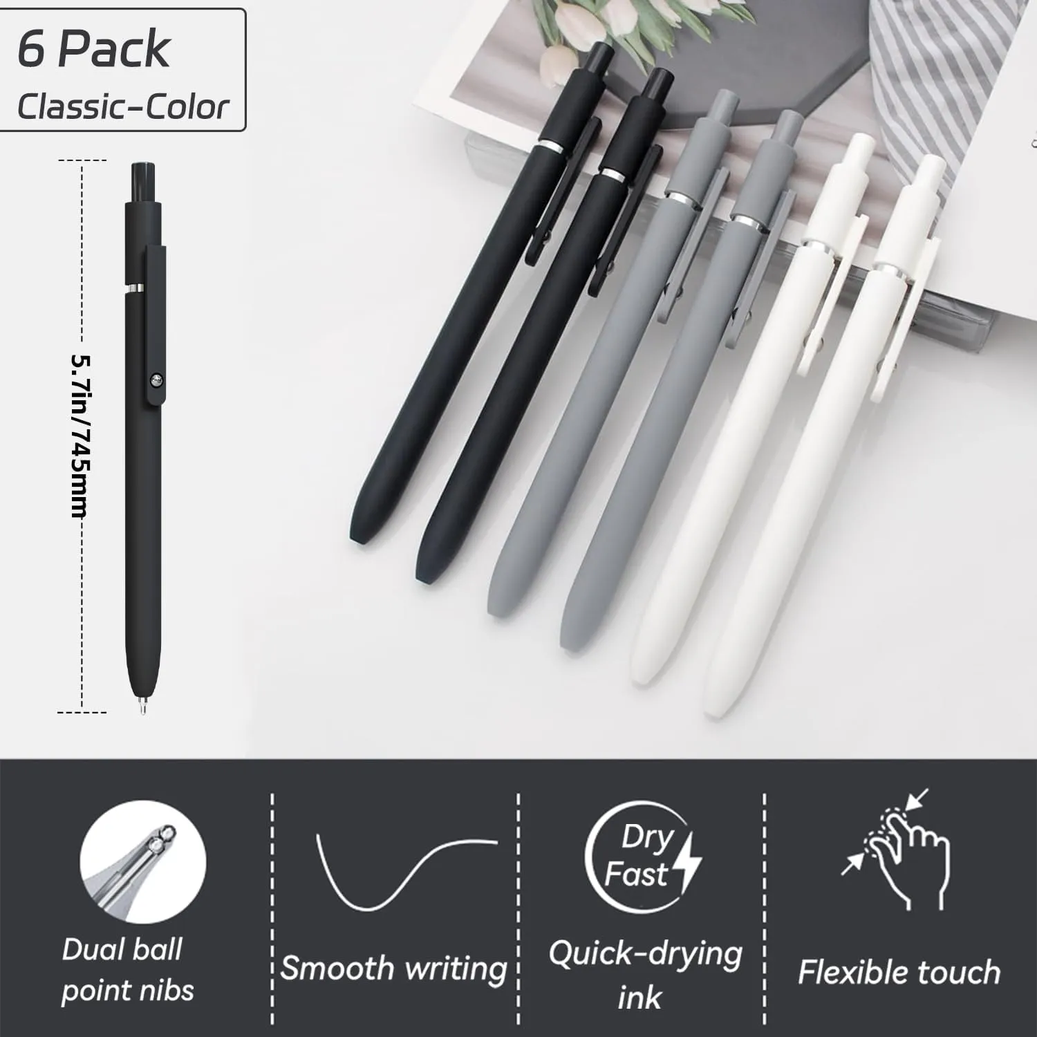 Gel Pens, 6 Pcs 0.5mm Fine Point Black Ink Pen With Smooth Writing, Office Desk Accessories, School Supplies Gifts for Men Women, Quick Dry Pens For Journaling, Black/Gray/White