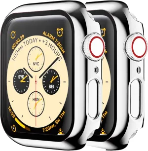 HANKN 2 Pack Hard Case 44mm Compatible with Apple Watch Series 6 5 4 Se Tempered Glass Screen Protector Case 44mm, Plated Cover Full Coverage Shockproof Iwatch Bumper (Silver Silver, 44mm)