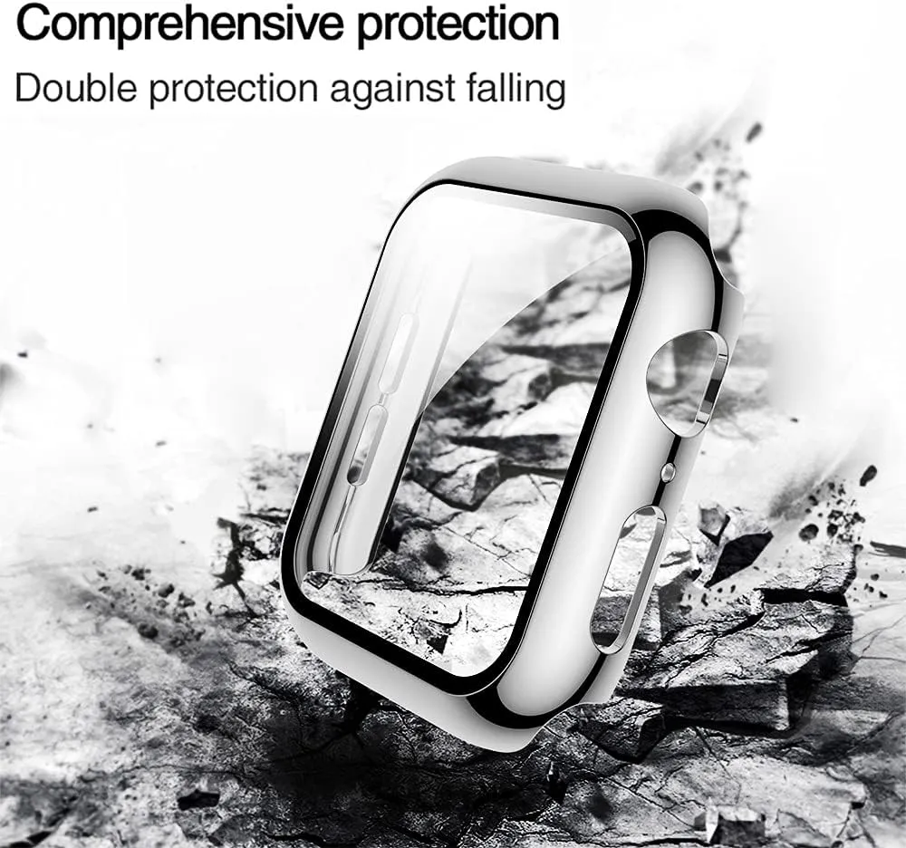 HANKN 2 Pack Hard Case 44mm Compatible with Apple Watch Series 6 5 4 Se Tempered Glass Screen Protector Case 44mm, Plated Cover Full Coverage Shockproof Iwatch Bumper (Silver Silver, 44mm)
