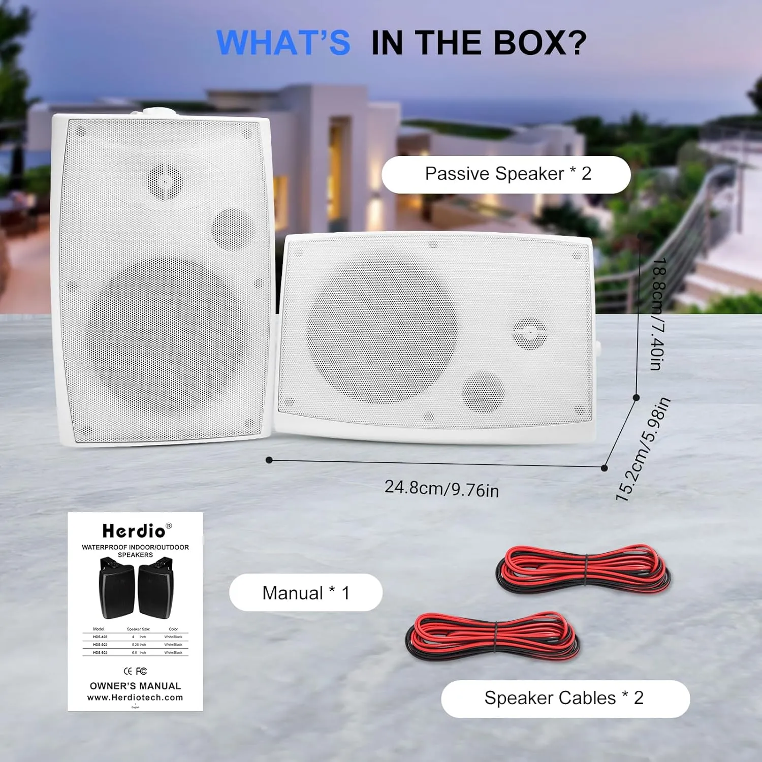 Herdio 5.25" Passive Outdoor Speakers Waterproof Wired, 300W Wall Mount Speakers with Superior Sound,Dual Swivel Brackets for Patio/Deck/Backyard (Pair, White)
