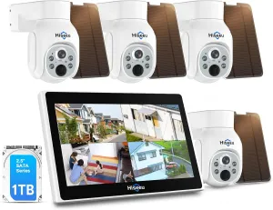 Hiseeu Solar Security Camera System, 4MP 100% System with 10" LCD, 360 PTZ, Color Night Vision, Motion Detection, 2.4G WiFi Home Security System, No Subscription Fees, 1TB HDD Included