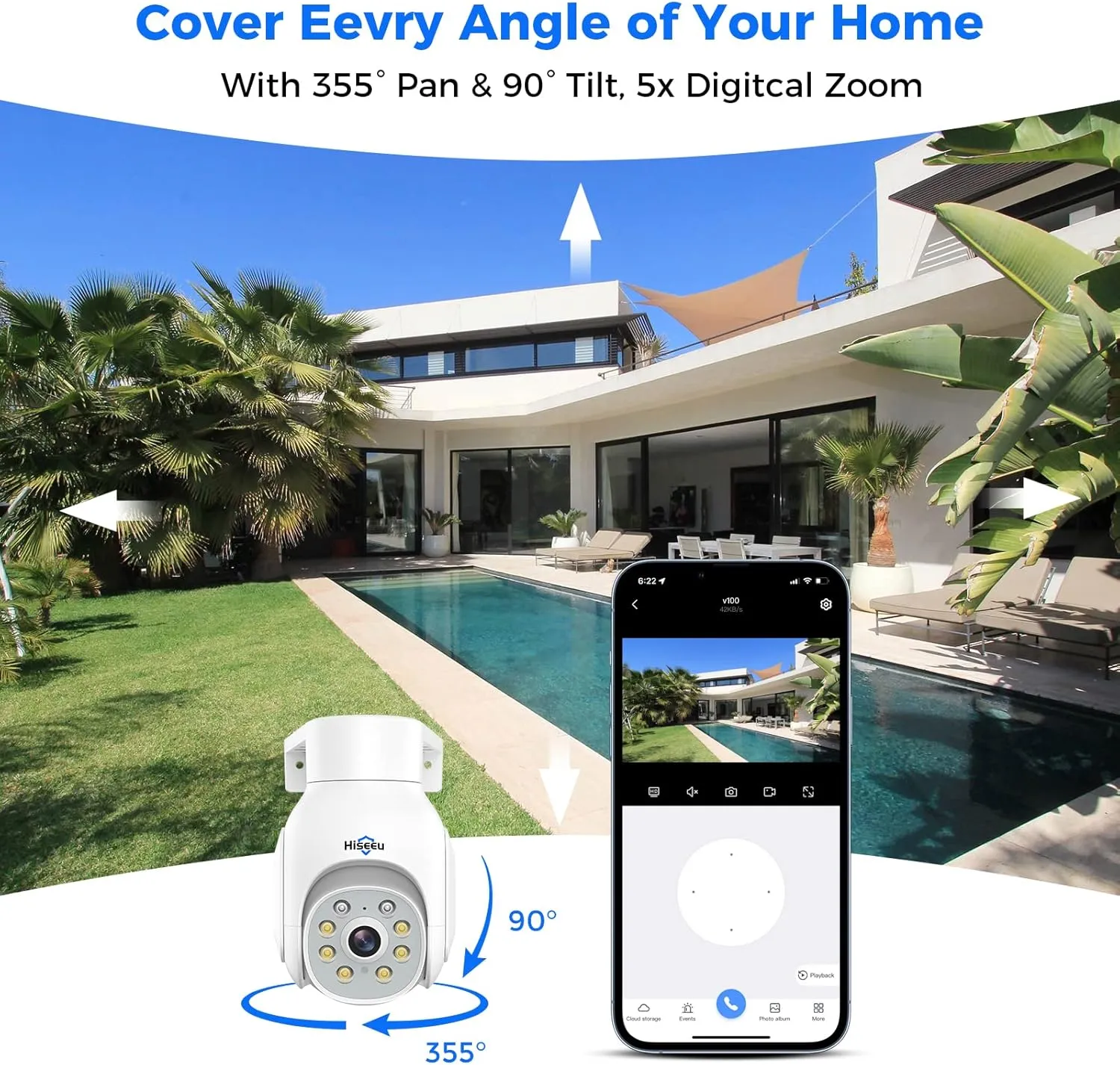 Hiseeu Wireless Camera Outdoor, 5MP WiFi Security Camera Color Night Vision, Pan/Tilt, Auto Tracking, Motion Detection, Siren/Light Alarm, 2-Way Audio, IP66 Waterproof, No Monthly Fee