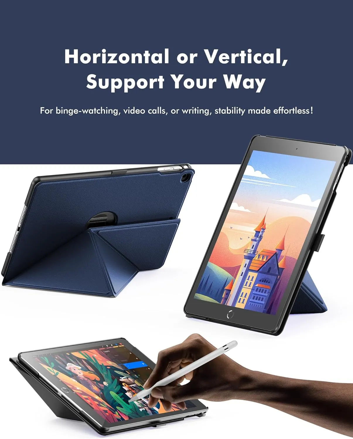 INFILAND Case for iPad 6th / 5th Generation (2018/2017) iPad 9.7 Inch case, iPad Air 2 / Air 1  Magnetic Origami Slim Cover with Pencil Holder, Multi-Angle Stand, Auto Wake/Sleep (Navy)