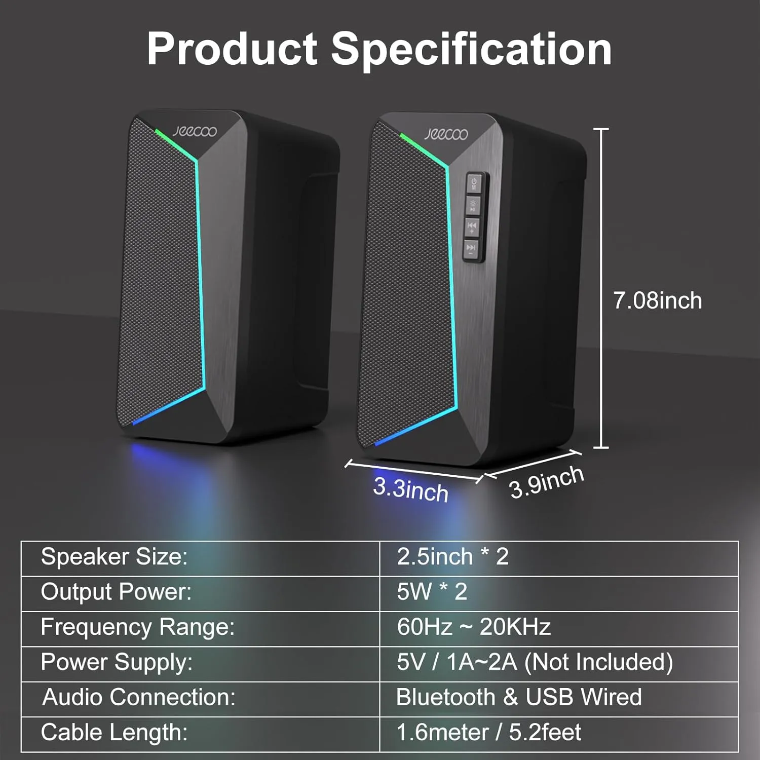 Jeecoo M30 Bluetooth Computer Speakers, PC Gaming Speakers for Desktop with Crisp Stereo Sound, Dynamic LED Modes, Easy-Access Control, 10W - USB-Powered
