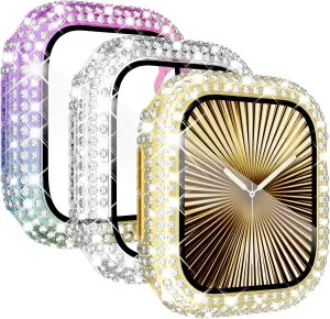 KADES 3-Pack Bling Cases Compatible for Apple Watch Case 45mm with Built-in Screen Protector for Apple Watch Series9 Series8 Series7 (45mm, Gold/Iridescent/Clear)