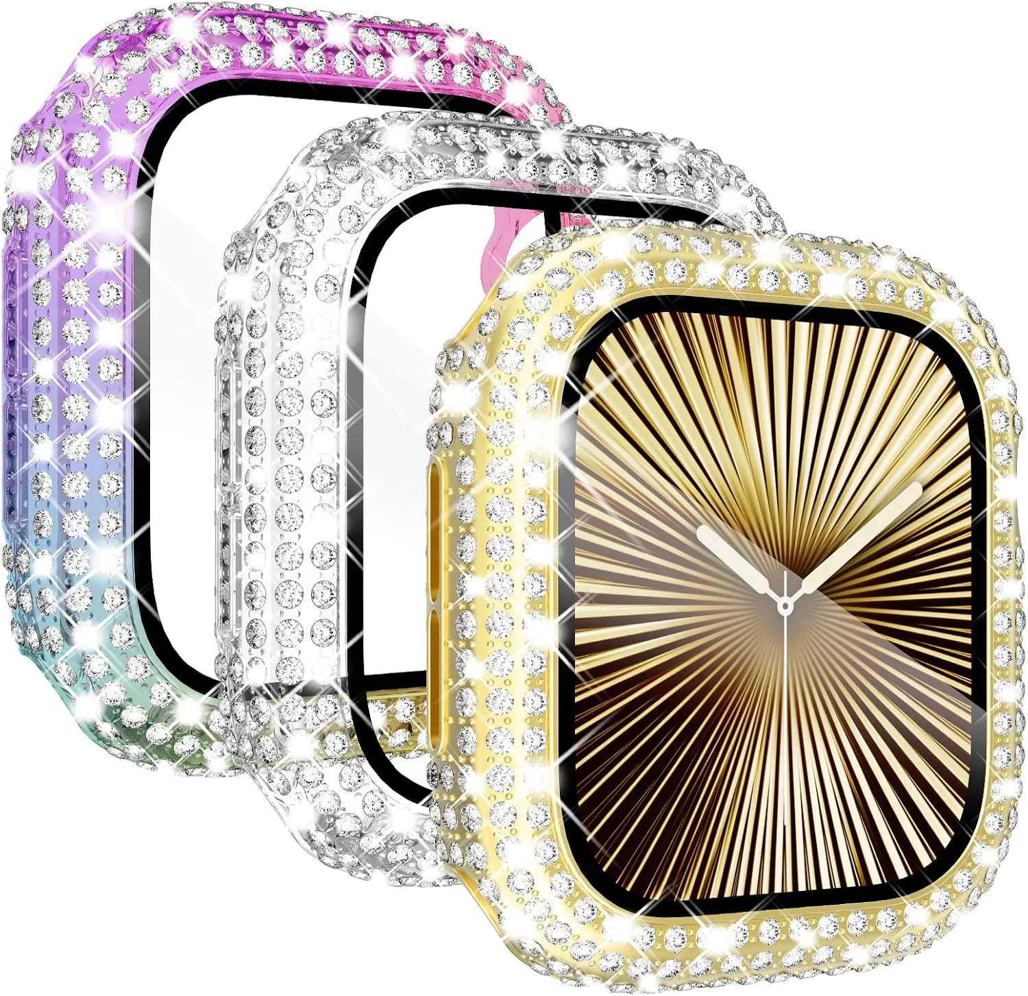 KADES 3-Pack Bling Cases Compatible for Apple Watch Case 45mm with Built-in Screen Protector for Apple Watch Series9 Series8 Series7 (45mm, Gold/Iridescent/Clear)