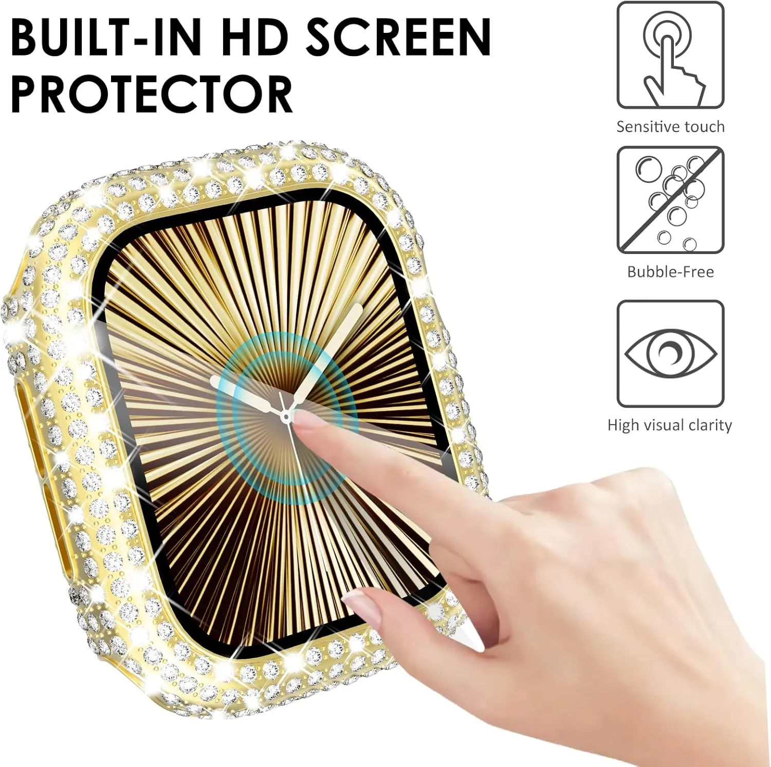 KADES 3-Pack Bling Cases Compatible for Apple Watch Case 45mm with Built-in Screen Protector for Apple Watch Series9 Series8 Series7 (45mm, Gold/Iridescent/Clear)