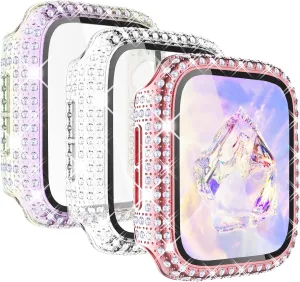 KADES 3-Pack Bling Cases Compatible for Apple Watch Case 45mm with Built-in Screen Protector for Apple Watch Series9 Series8 Series7 (45mm, Pink/Iridescent/Clear)