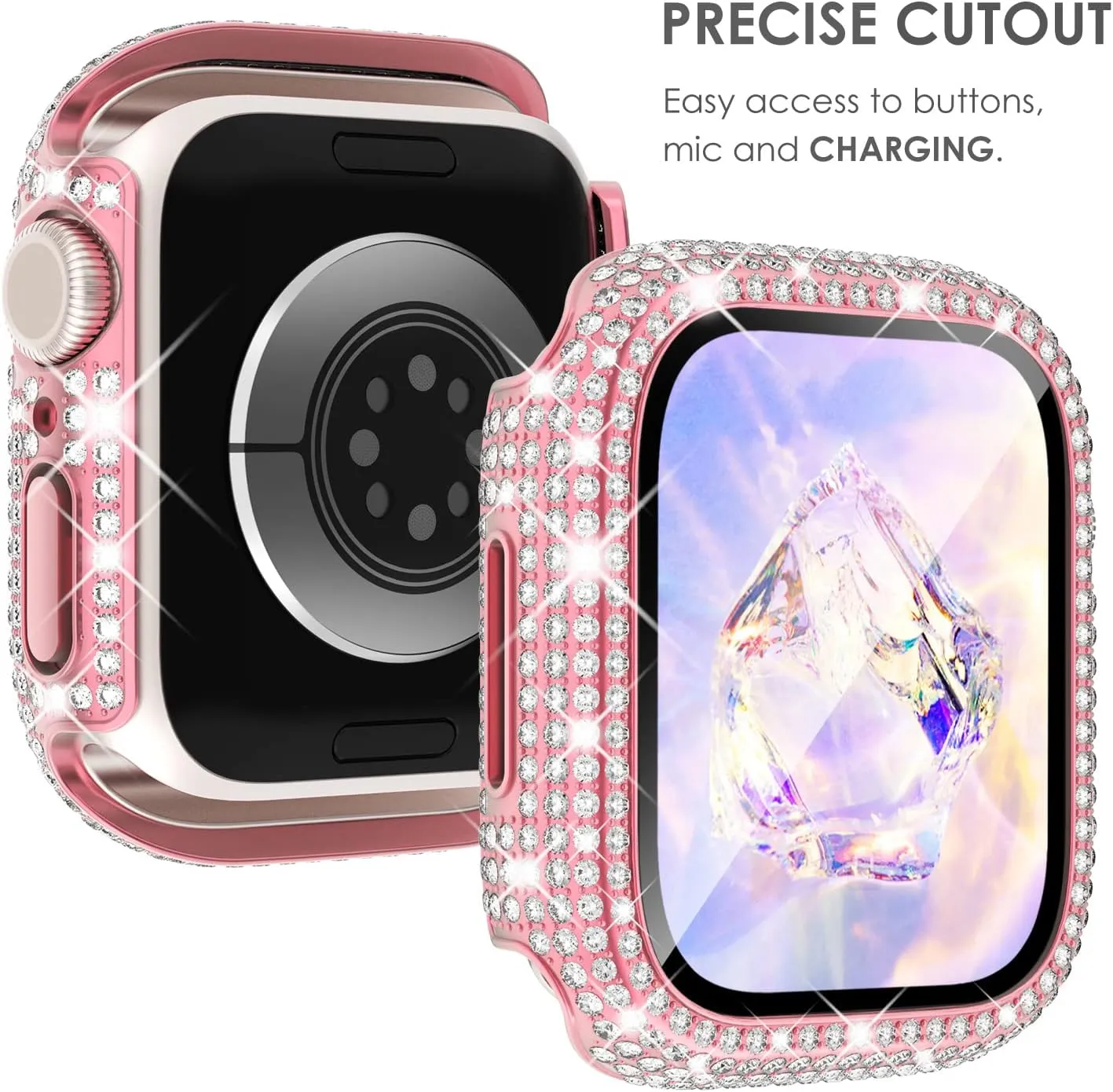 KADES 3-Pack Bling Cases Compatible for Apple Watch Case 45mm with Built-in Screen Protector for Apple Watch Series9 Series8 Series7 (45mm, Pink/Iridescent/Clear)