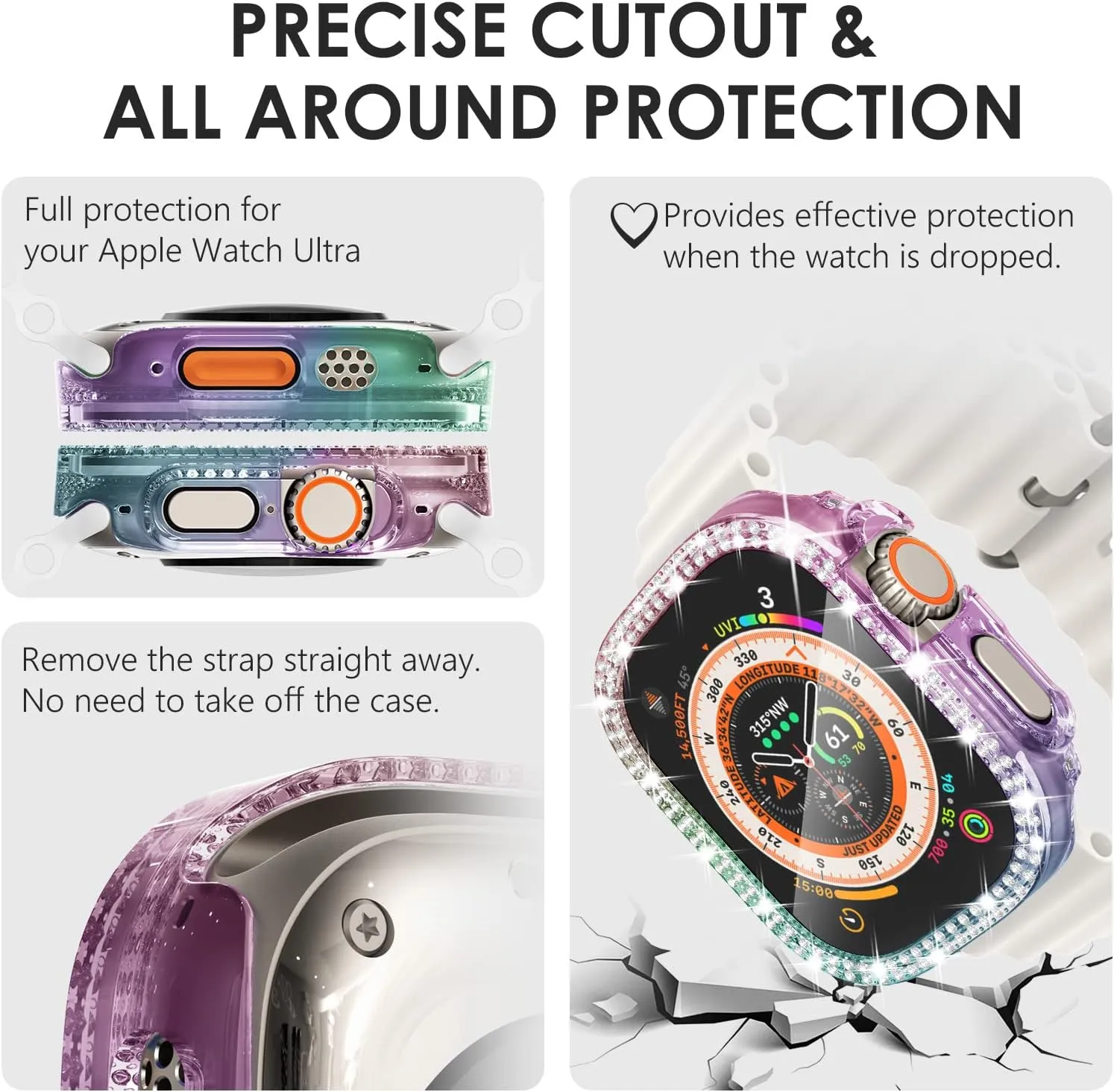 KADES Compatible for Apple Watch Ultra 2/Ultra Case 49mm with Screen Protector, Double Rows Diamonds Bling Case with Tempered Glass Film, Shiny Hard PC Screen Protector (49mm, Iridescent)