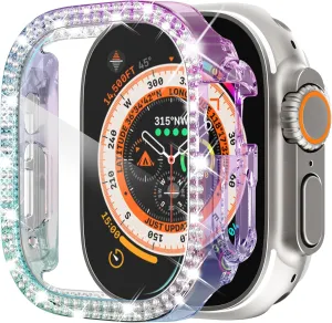 KADES Compatible for Apple Watch Ultra 2/Ultra Case 49mm with Screen Protector, Double Rows Diamonds Bling Case with Tempered Glass Film, Shiny Hard PC Screen Protector (49mm, Iridescent)