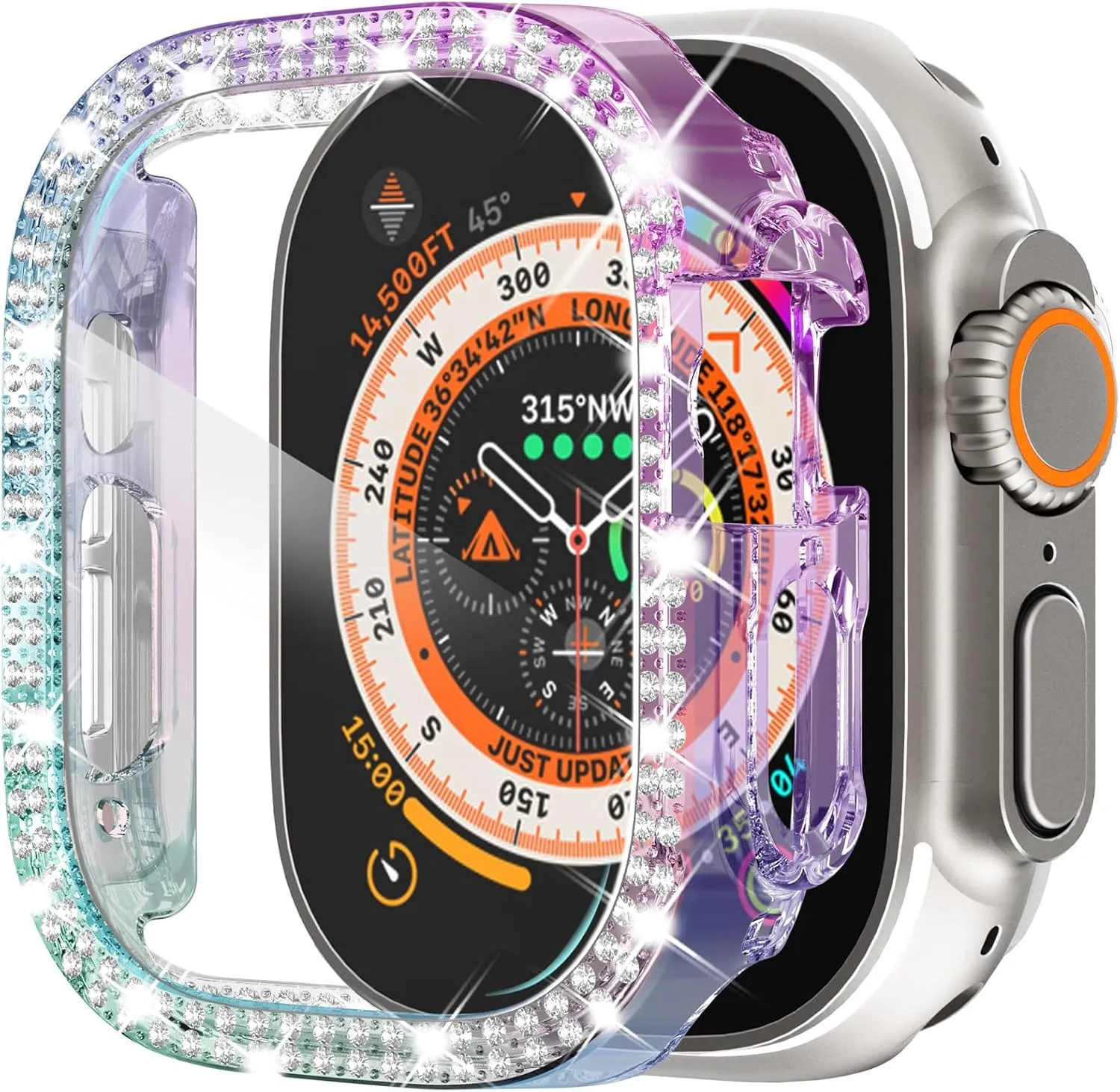 KADES Compatible for Apple Watch Ultra 2/Ultra Case 49mm with Screen Protector, Double Rows Diamonds Bling Case with Tempered Glass Film, Shiny Hard PC Screen Protector (49mm, Iridescent)