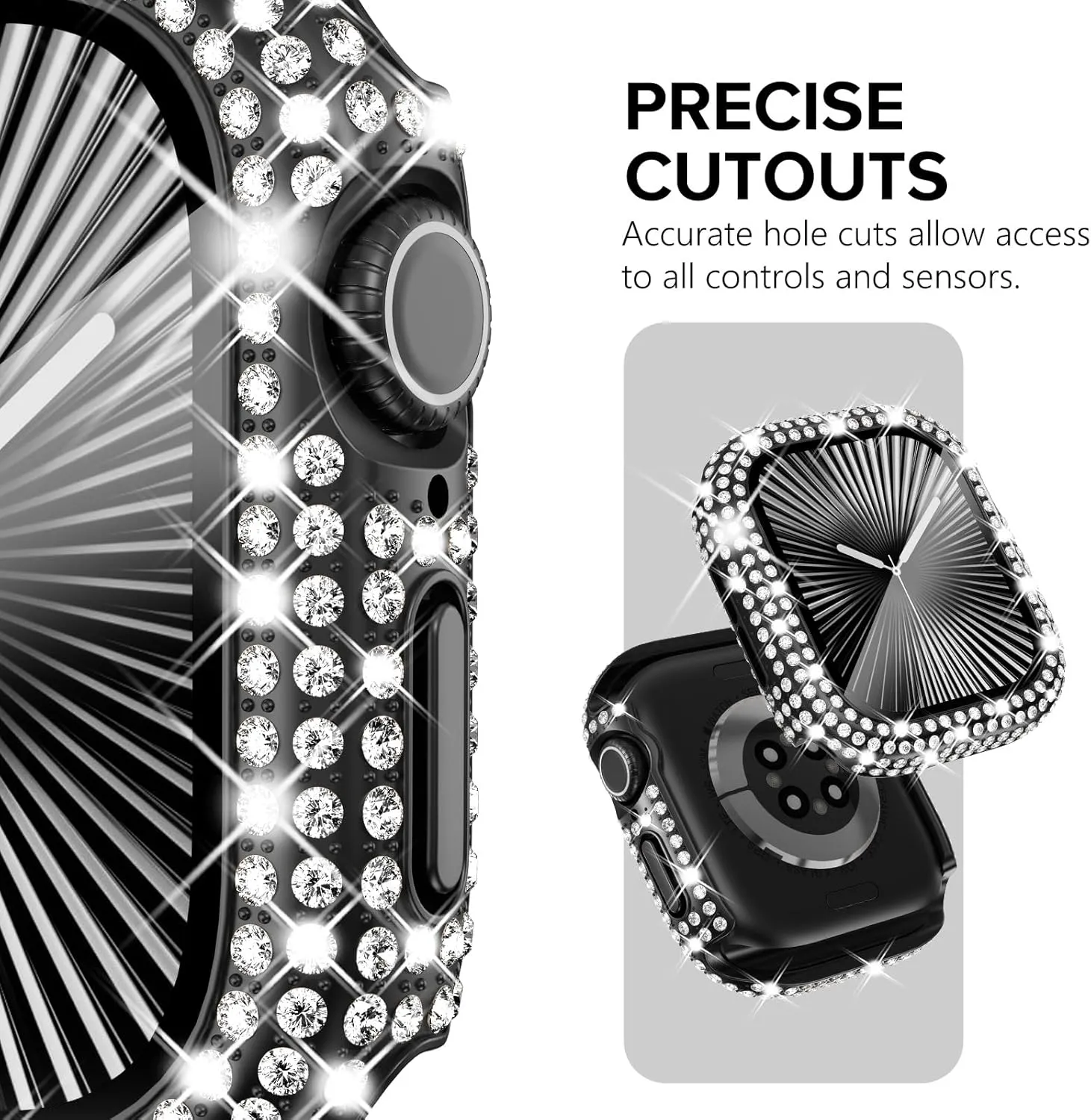 KADES Compatible with iWatch Series 9 8 7 45mm Accessories with Built-in Tempered Glass Screen Protector Bling Crystal Diamond Rhinestone Full Protective Bumper Cover for Women Man(45mm,Black)