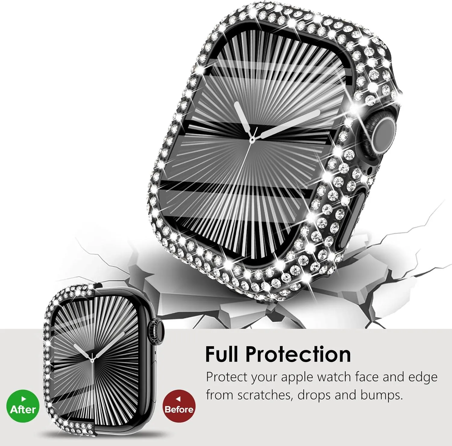 KADES Compatible with iWatch Series 9 8 7 45mm Accessories with Built-in Tempered Glass Screen Protector Bling Crystal Diamond Rhinestone Full Protective Bumper Cover for Women Man(45mm,Black)
