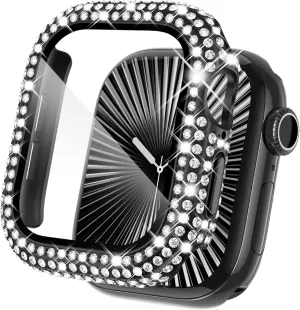 KADES Compatible with iWatch Series 9 8 7 45mm Accessories with Built-in Tempered Glass Screen Protector Bling Crystal Diamond Rhinestone Full Protective Bumper Cover for Women Man(45mm,Black)