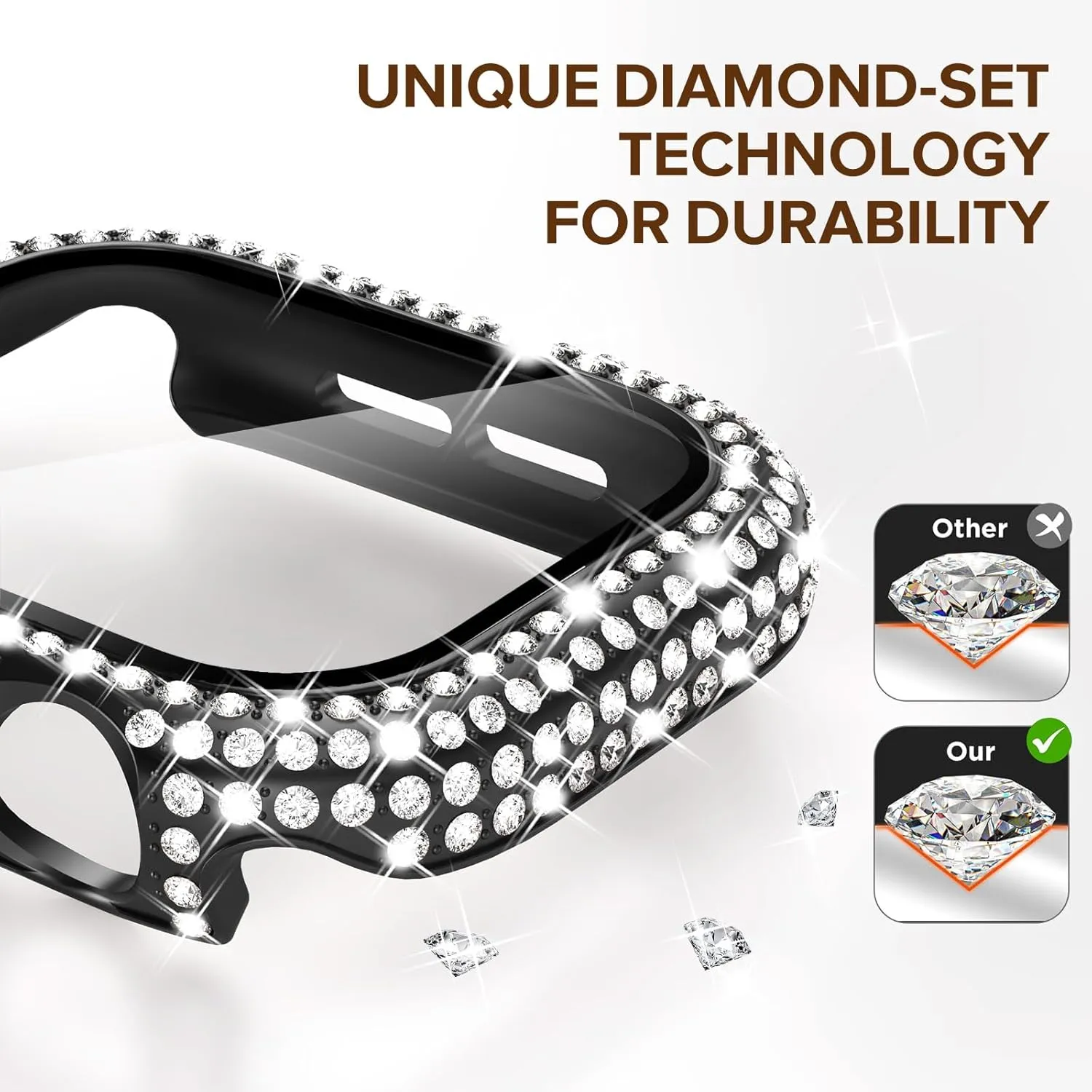 KADES Compatible with iWatch Series 9 8 7 45mm Accessories with Built-in Tempered Glass Screen Protector Bling Crystal Diamond Rhinestone Full Protective Bumper Cover for Women Man(45mm,Black)