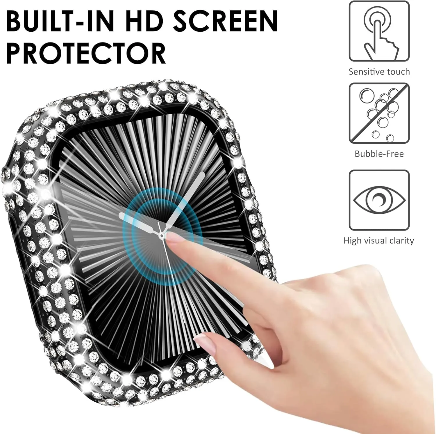 KADES Compatible with iWatch Series 9 8 7 45mm Accessories with Built-in Tempered Glass Screen Protector Bling Crystal Diamond Rhinestone Full Protective Bumper Cover for Women Man(45mm,Black)