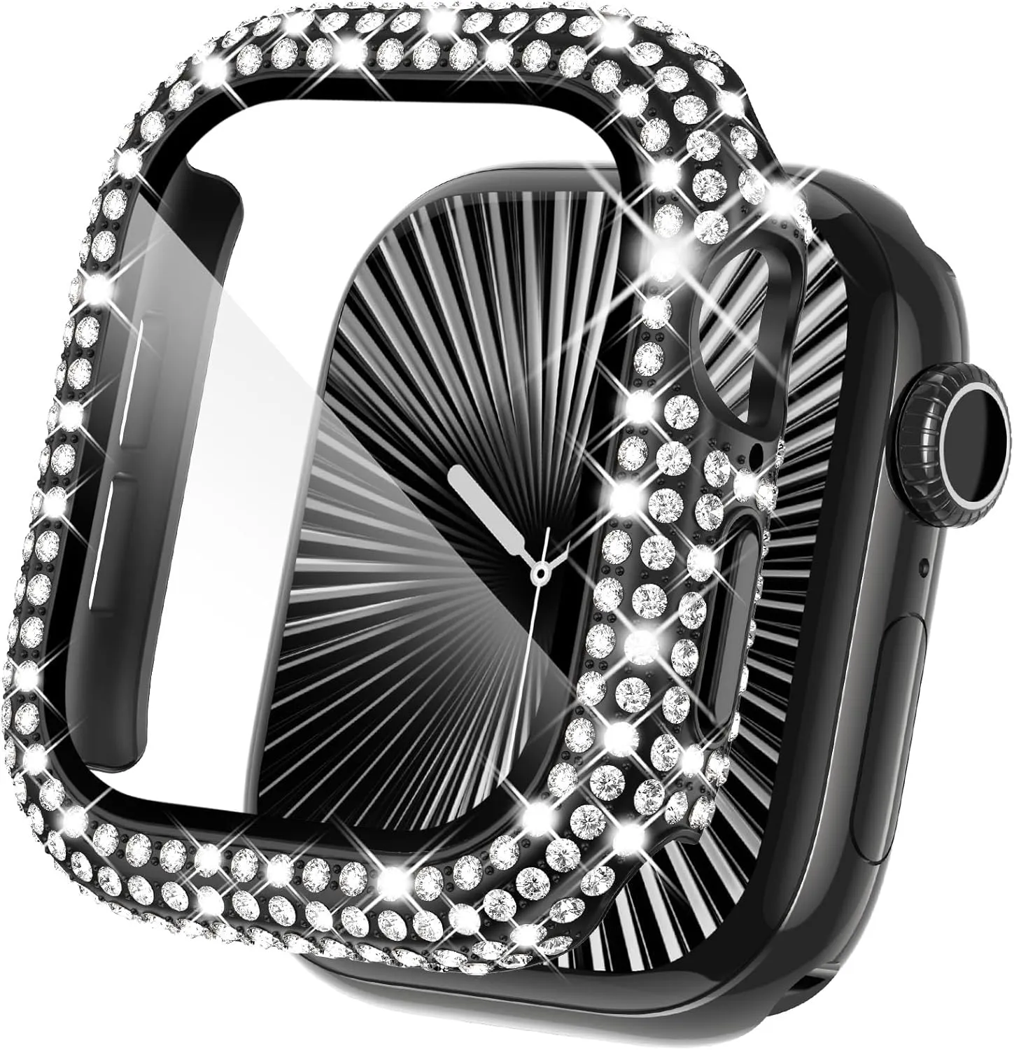 KADES Compatible with iWatch Series 9 8 7 45mm Accessories with Built-in Tempered Glass Screen Protector Bling Crystal Diamond Rhinestone Full Protective Bumper Cover for Women Man(45mm,Black)