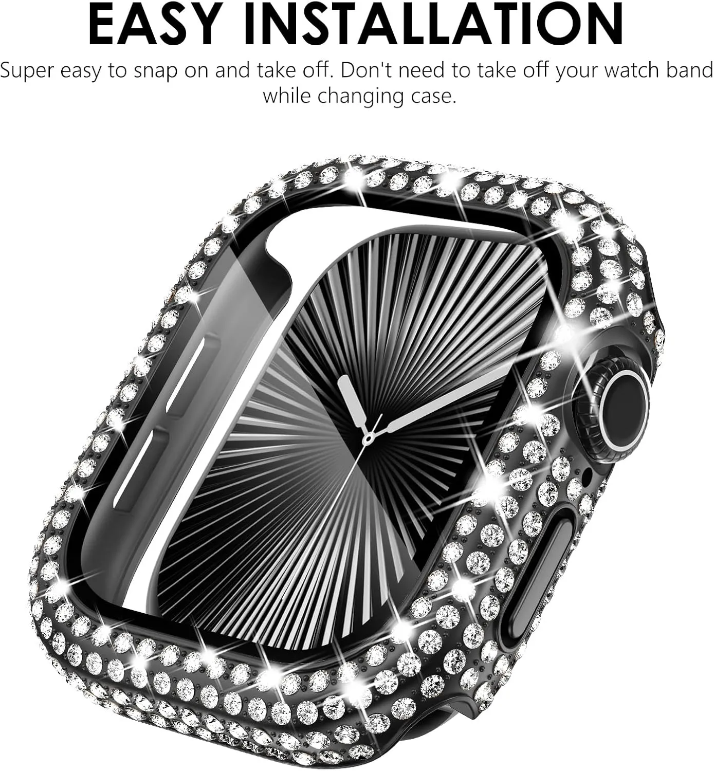 KADES Compatible with iWatch Series 9 8 7 45mm Accessories with Built-in Tempered Glass Screen Protector Bling Crystal Diamond Rhinestone Full Protective Bumper Cover for Women Man(45mm,Black)