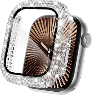 KADES Compatible with iWatch Series 9 8 7 45mm Accessories with Built-in Tempered Glass Screen Protector Bling Crystal Diamond Rhinestone Full Protective Bumper Cover for Women Man(45mm,Clear)