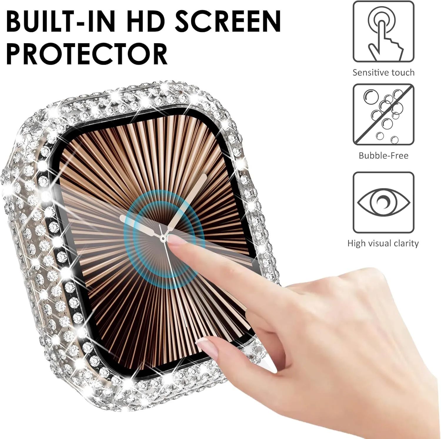KADES Compatible with iWatch Series 9 8 7 45mm Accessories with Built-in Tempered Glass Screen Protector Bling Crystal Diamond Rhinestone Full Protective Bumper Cover for Women Man(45mm,Clear)