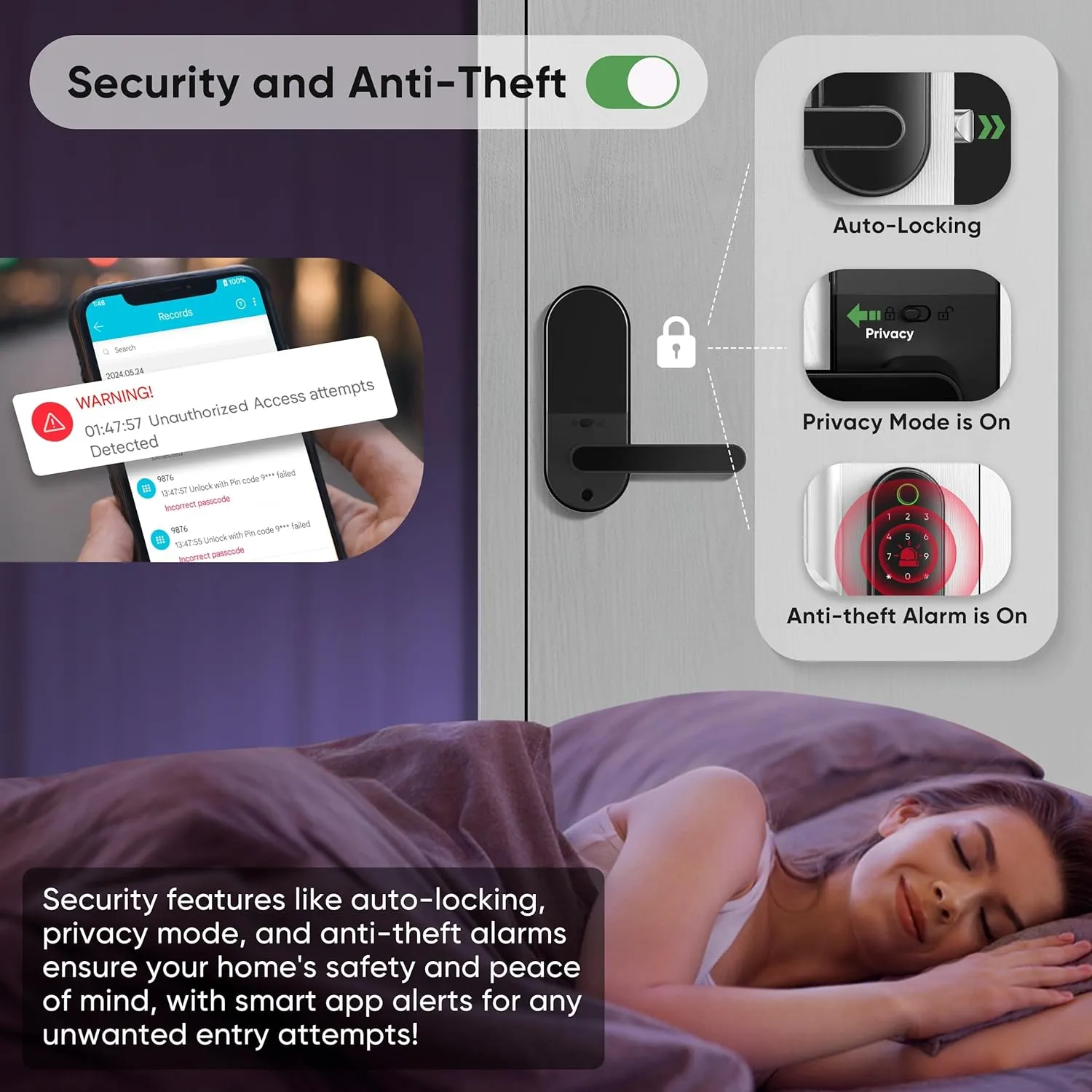 Keyless-Entry Fingerprint Digital Smart Lock: Electronic Door Lock with Code Passcode, Electric Door Knob, Biometric Door Handle (Black)