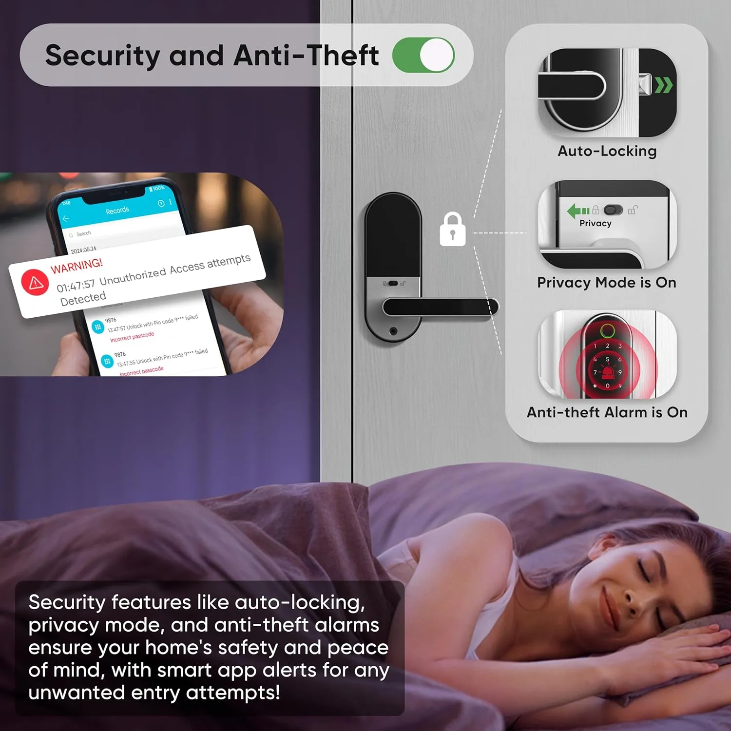 Keyless-Entry Fingerprint Digital Smart Lock: Electronic Door Lock with Code Passcode, Electric Door Knob, Biometric Door Handle (Silver)