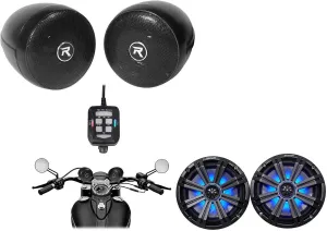 KICKER Pair 45KM84L 8" 600 Watt Marine Boat Waterproof Speakers w/LED's KM8 Bundle with (2) Rockville RockNRide 3" Powered Bluetooth Metal Motorcycle Handlebar Speakers