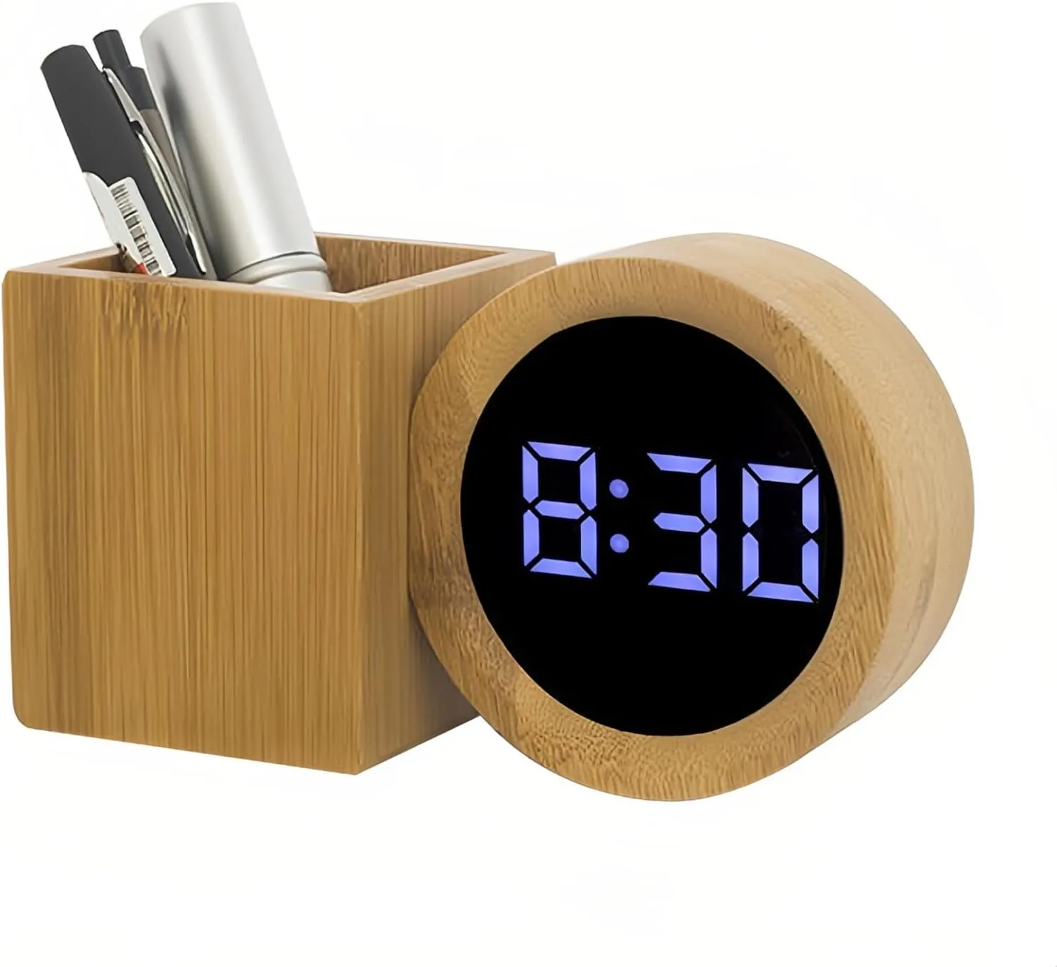 Lancoon Digital Wooden LED Desk Clock with Pen Holder Sound Control Calendar Temperature Snooze Desk Organizer Battery Charging Port for Home Office Study Room (Blue)